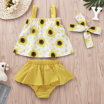 

Newborn Girl Outfit Floral Headband Sleeveless Top Yellow Shorts 3pc Baby Girl Short Sets Summer Baby Girl Clothes Sunflower