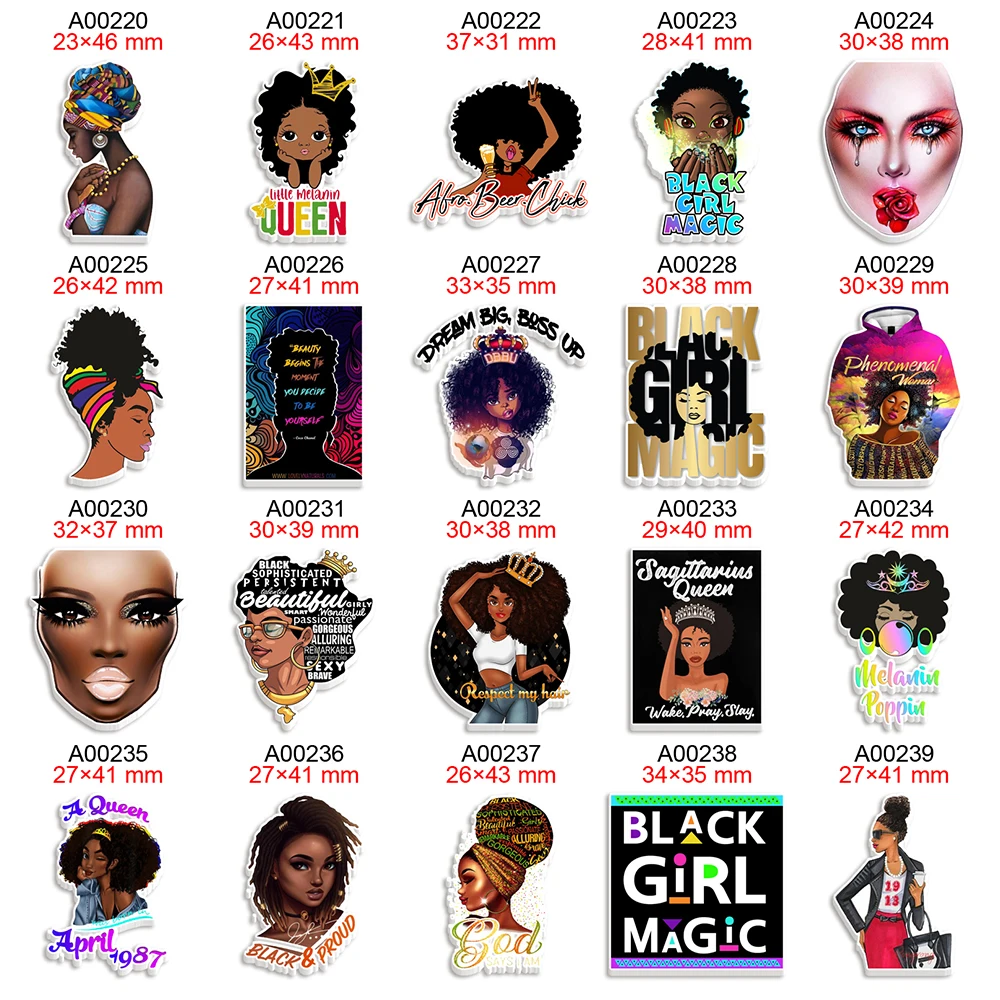 Black Women Printed Planar Resin Flatback Charms 30Pcs/lot for DIY Hair Bow Bag Phone Craft Accessories Material
