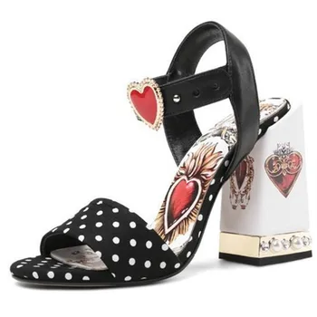 

Heart-shaped Sandals Polka Dot Black Shoes Women Ankle Buckle Square Heel Zapatos De Mujer Open Toe Back Strap Sandals Women
