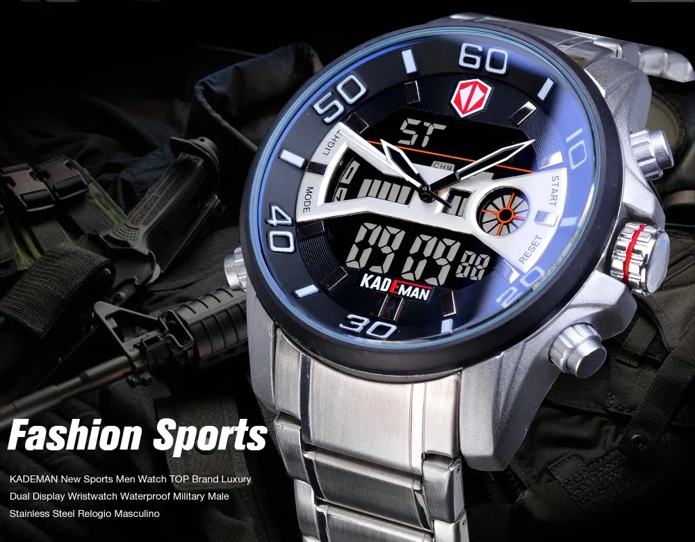 KADEMAN роскошные мужские спортивные часы ЖК-цифровой секундомер даты водонепроницаемые кварцевые часы мужские деловые часы стальной ремешок наручные часы