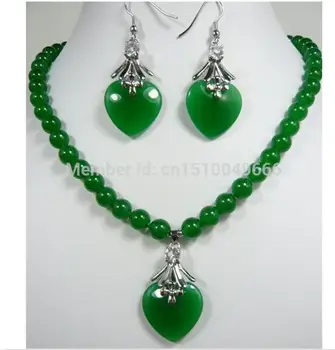 

Free Shipping 8mm green jade necklace heart love pendant earrings set