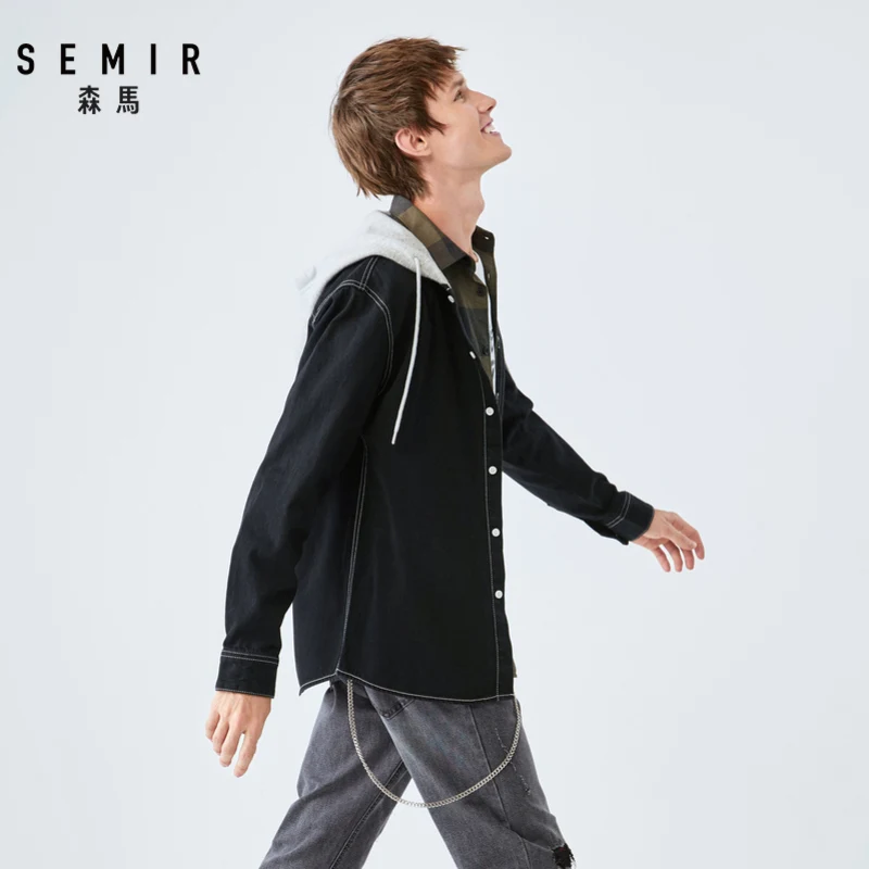 SEMIR джинсовая мужская рубашка с длинным рукавом, осень, новая свободная Мужская рубашка с капюшоном и принтом, шикарный корейский стиль