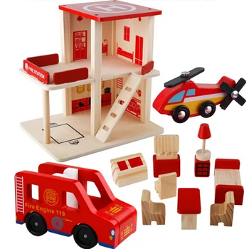 

DIY Wooden Simulation Assembly Fire Station Pretend Play Educational Toy