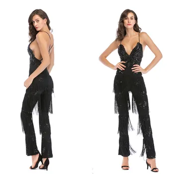 

Backless Jumpsuit Lady Sexy Sequined Jumpsuit Sling Fringed Rompers Personality Deep V Neck Jumpsuit