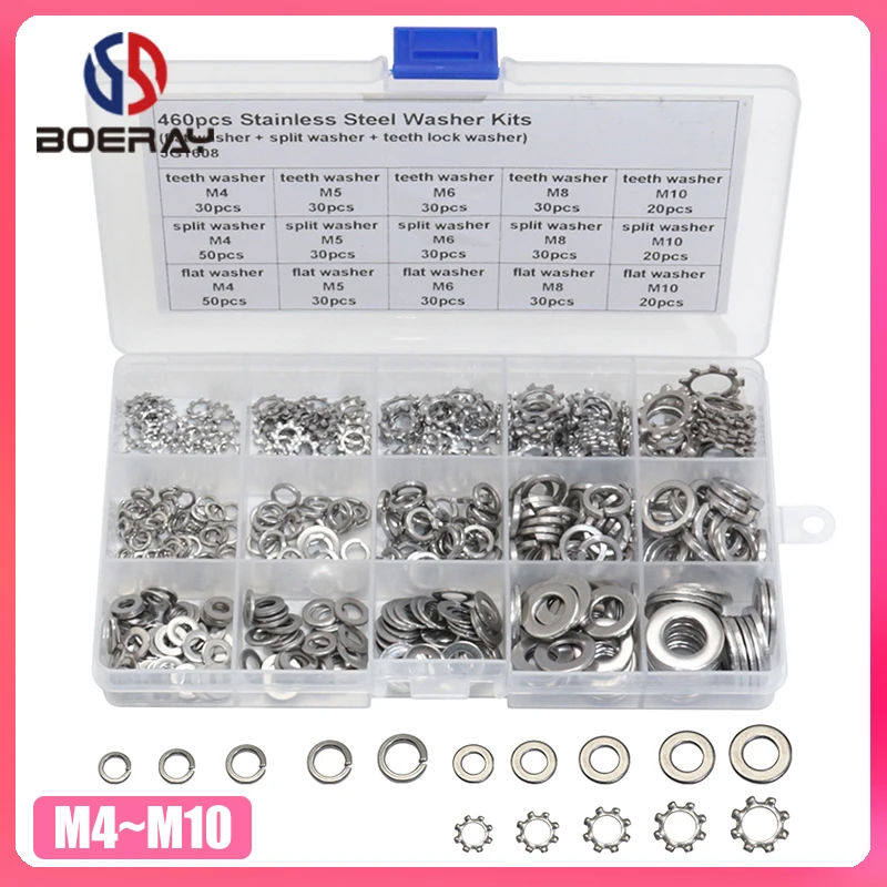460pcs Stainless Steel Flat Washer + Carbon Steel Split Washer + Stainless Teeth Lock Washer