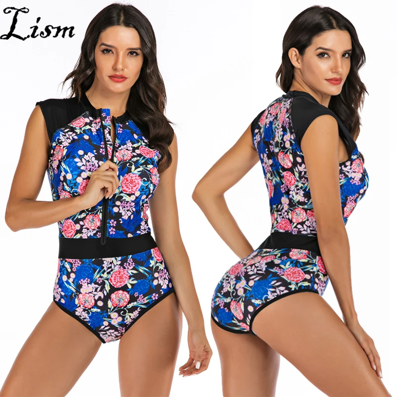 

Sport Front Zipper One Piece Swimsuit Floral Rash-guard Swimwear Womens Wet Suits Diving Swimming Suit Surfing Bathing Suit
