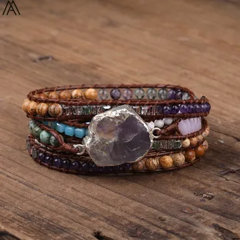 

Natural Rainbow Fluorite Slab Charms 5 Strands Leather Wrap Bracelet Women Multilayer Knotted Handmade Boho Bracelet N0549AMEB