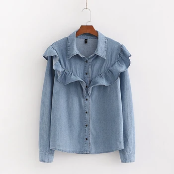 

Vintage Long Sleeve Denim Blouse Women Korean Ruffle Blouse Streetwear Jean Shirts for Ladies Button Up Shirt Blue Shirt Women