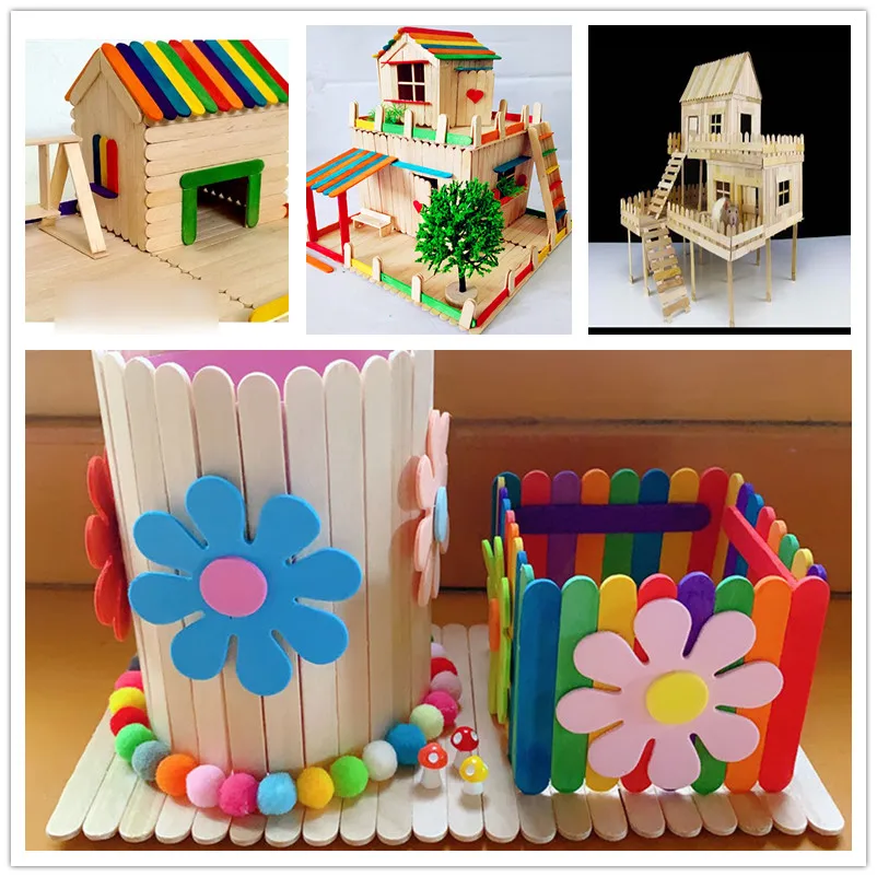 Popsicle Sticks 50Pcs Wooden Craft Ice Cream Stick Ice Lolly Sticks Natural Cake Tools DIY kids Handwork Art Crafts Toy Mold