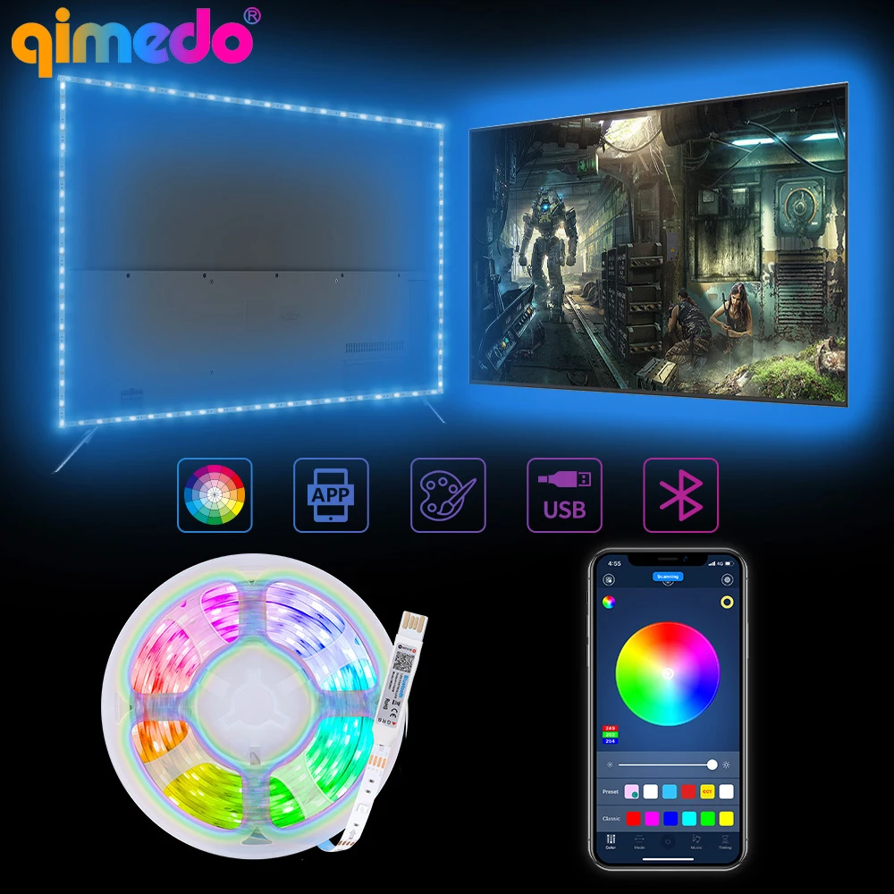

1M/2M/3M/4M/5M USB RGB LED Strip Light 5050 Diode Tape Ribbon Bluetooth Control Sync Music TV Desktop Screen Flexible BackLight