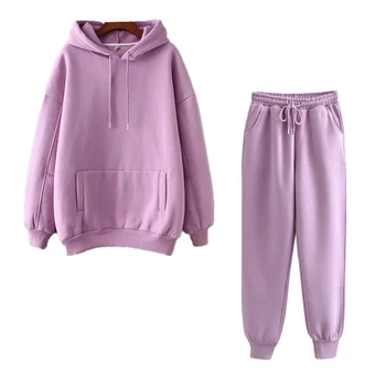 

Autumn Hoodies Women Two Piece Set Solid Fleece Oversized Tracksuits Winter Thick Warm Hooded Sweatshirt Jogger Pants Suit