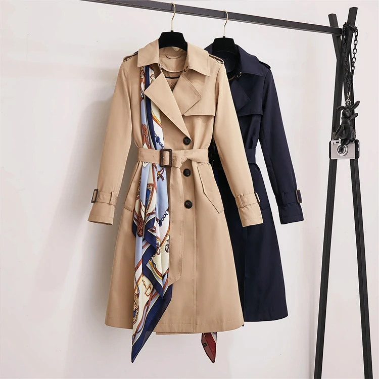 

Trench Coat with Printed Scarf English Style Long Scarf Waistcoat Coat Female Turn-down Collar Double Breasted Office Lady