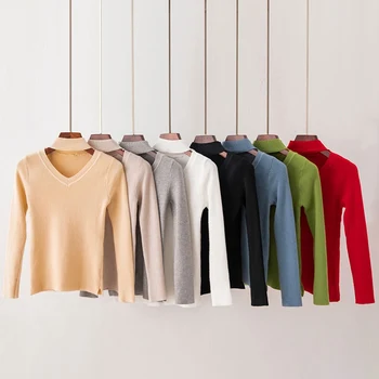 

Autumn And Winter New Korean Half-high V-neck Long-sleeved Solid Color Temperament Sweater Slim Knit Bottoming Shirt
