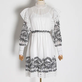 

SeeBeautiful New Fashion 2020 Autumn Vintage Ruffles Hollow Stand Neck Long Sleeve Embroidery High Waist Loose Dress Woman W021