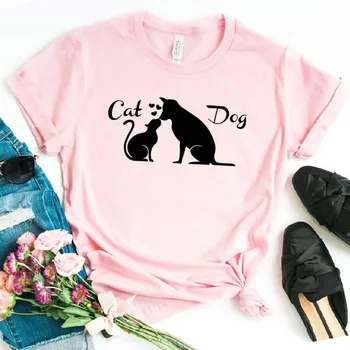 

Women T Shirt Love Friendship Between Dog Cat Print Tshirt Women Short Sleeve O Neck Loose T-shirt Ladies Summer Tee Shirt