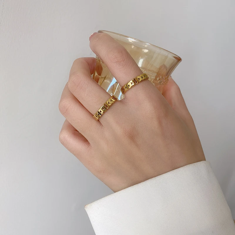Gold Color Rings Stainless Steel Ring Finger Ring Gold Color Ring YUN RUO Vintage Geometry Gold Wheat Leaves Ring 18 K Gold Plated Woman Gift Fashion Titanium Steel Stainless Jewelry Never Fade