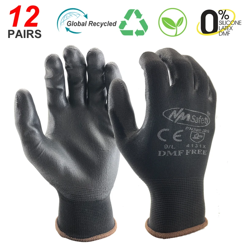12 or 24 Pairs Black Nylon PU Safety Work Gloves Builders Grip Gardening 1 