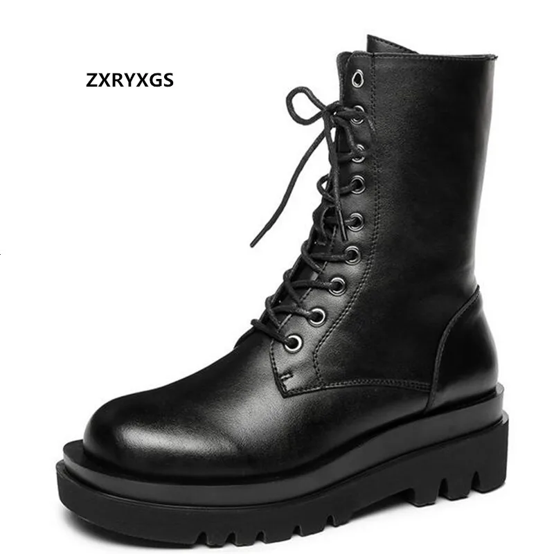 

New Cross Straps Side Zipper British Style Martin Boots Black Genuine Leather Boots Autumn Women Boots Non-slip Soft Sole Wedges