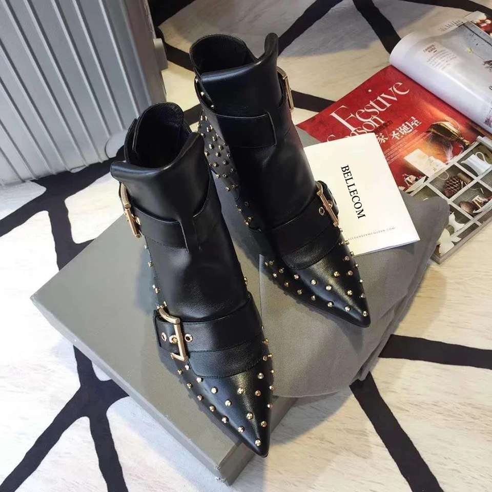 

BELLECOM 2019 Autumn New Kind of Female Leather Tip Bare Boots with Fine Rivets
