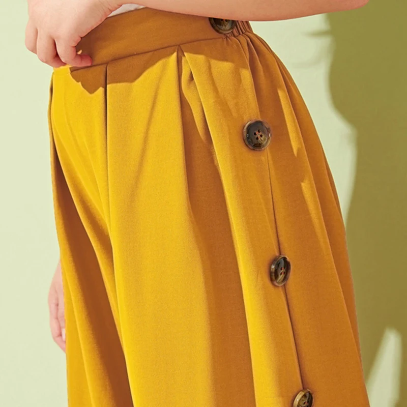 SHEIN Kiddie Girls Solid Button Side Pleated Palazzo Casual Pant Kids Bottom Summer High Waist Teenagers Loose Pants