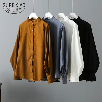 

Autumn 2019 Vintage Fashion Thick Shirt Woman Tops Femals Blouses Women Shirts Lantern Sleeve Stand Collar Solid Shirt 6796 50