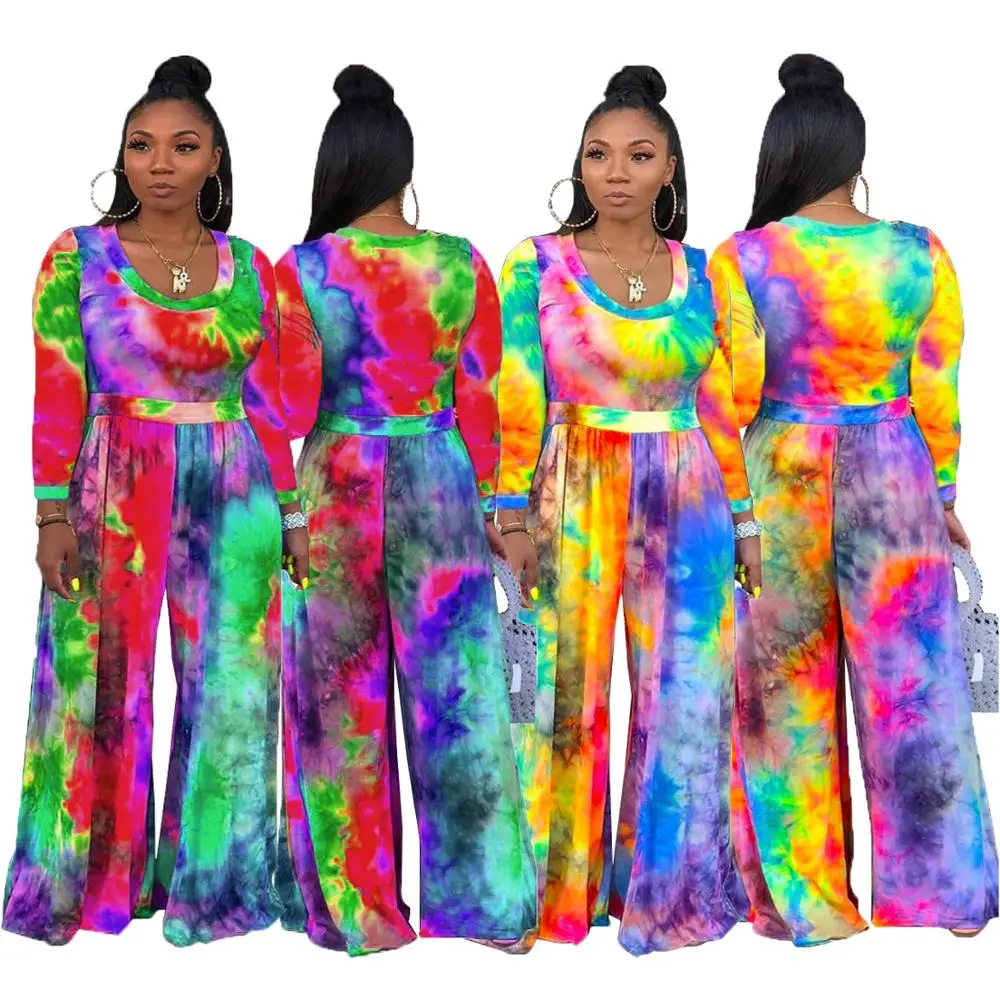 

Coloured Drawing Women Jumpsuits Wide Leg Pants Fashion Long Sleeves O Neck Multicolored Printing Causal Jumpsuits Autumn