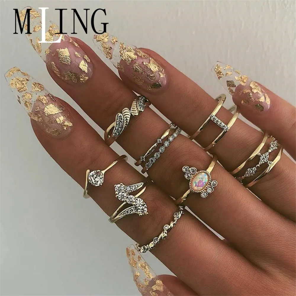 

MLING 9 Pcs/Set Vintage Gold Crystal Ring Set Newest Geometric Opal Wave Ring For Women