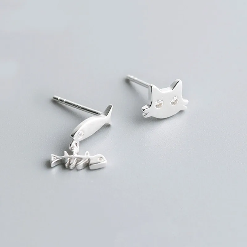 

925 Sterling Silver Creative Earrings For Women Asymmetric Zircon Mosaic Cat And Fish Earrings Personalized Cute Jewelry