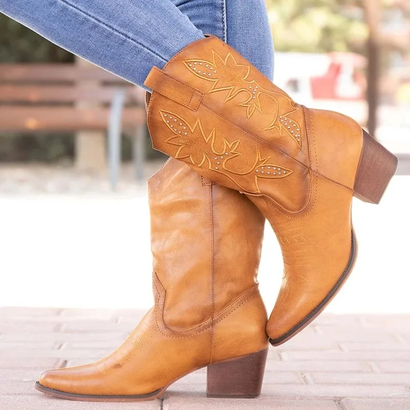 

Vogue Nice Pop Women Leather Cowgirl Boots Low Heels Shoes Knee High Woman Boots For Classic Embroidered Western Cowboy Boots