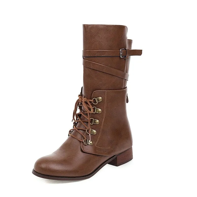 

KALENMOS Women Boots Block Low Heel Buckle Biker Boots Zip Classics Mid Calf Boots Autumn Winter Shoes Women Footwear Size 34-43