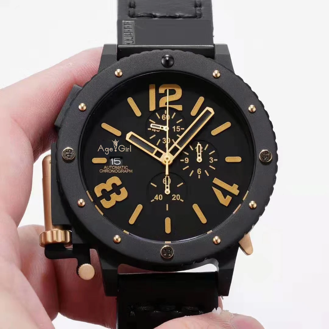 

Luxury Brand New Chronograph Stopwatch Men U CHRONOMETER U42 Chimera Full Black Matte Cow Leather Boat Watch Limited Sport AAA+