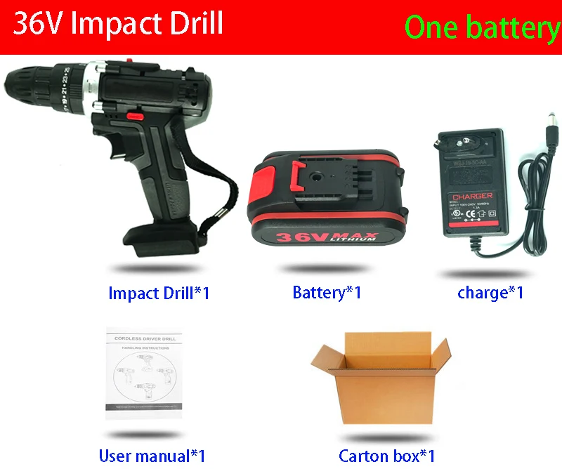 Черный 36V Lithium Battery 6500mAh Power Drills Cordless Rechargeable 2 Speed Electric Drill Durable and Reliable High Quality - Цвет: Черный