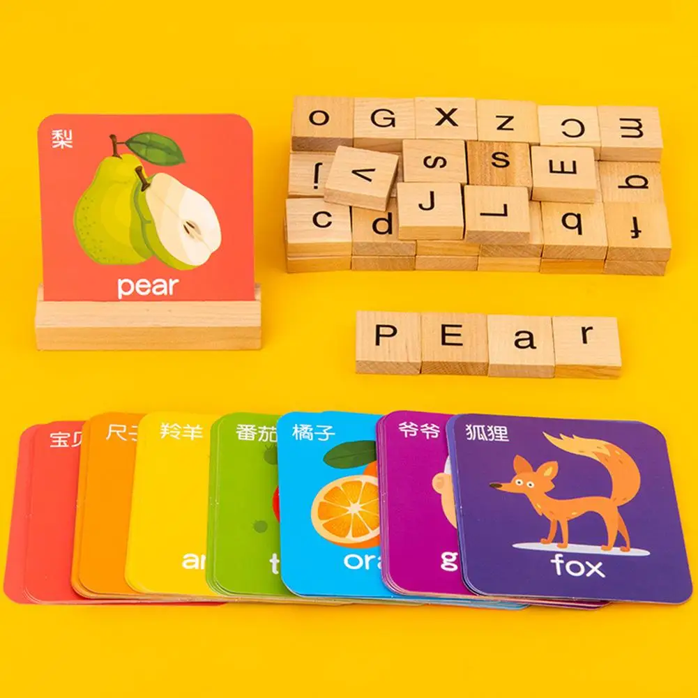 See Spell Learning Toy Wooden Alphabet Words Cards Matching Puzzles Education
