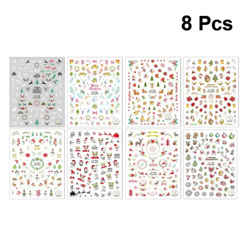 

8 Sheets Christmas Nails Decals Colorful 3D Mixed Pattern Self-Adhesive Sticker Cartoon Xmas Nail Art Stickers For Girls Women