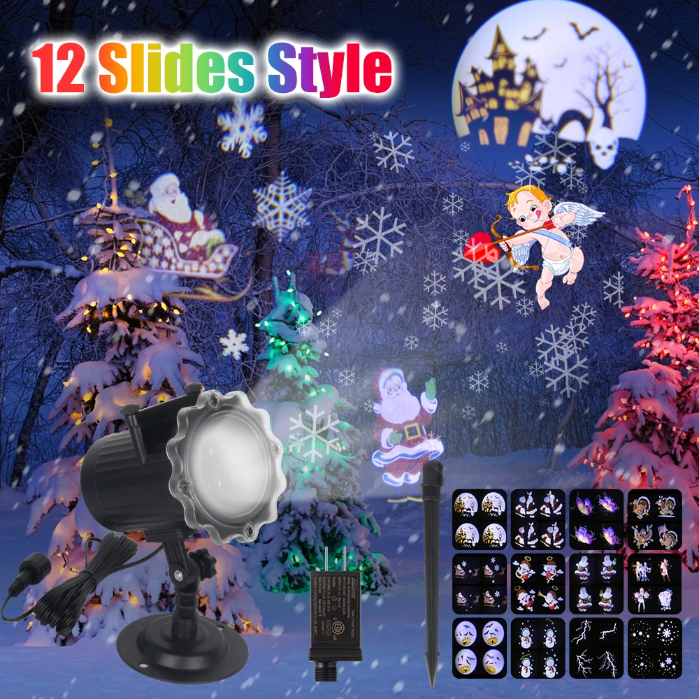 Christmas Laser Projector Animation Effect IP65 Indoor/Outdoor Halloween Projector 12 Patterns Snowflake/Snowman Laser Light