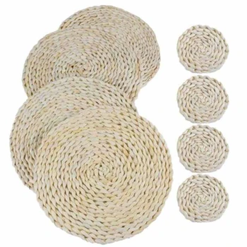 

8 Pcs Natural Weave Placemat Round Braided Rattan Tablemats Corn Straw Heat Resistant Non-Slip Braided Dining Table Mats