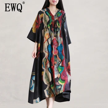 

[EWQ] 2020 Spring Summer New Arrivals V-neck Three Quarter Flare Sleeve Print Pattern Women Fashion Casual Loose Dress AY50401