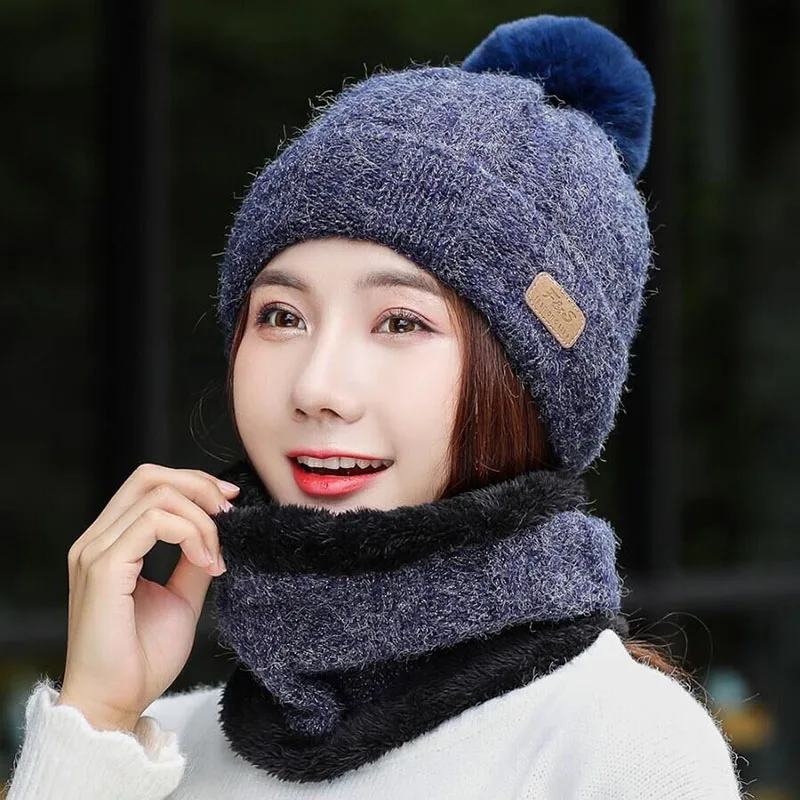 SUOGRY Hot Selling 2pcs Ski Cap And Scarf Cold Warm Leather Winter Hat for Women Knitted Hat Bonnet Warm Cap Skullies Beanies