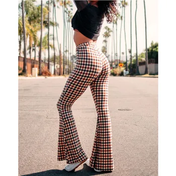 

Hirigin Sexy Women Plaid Print Flare Pants Slim Boho Bottom Elastic Waist Casual Trouser Stretch Vintage Hippie Long Pants