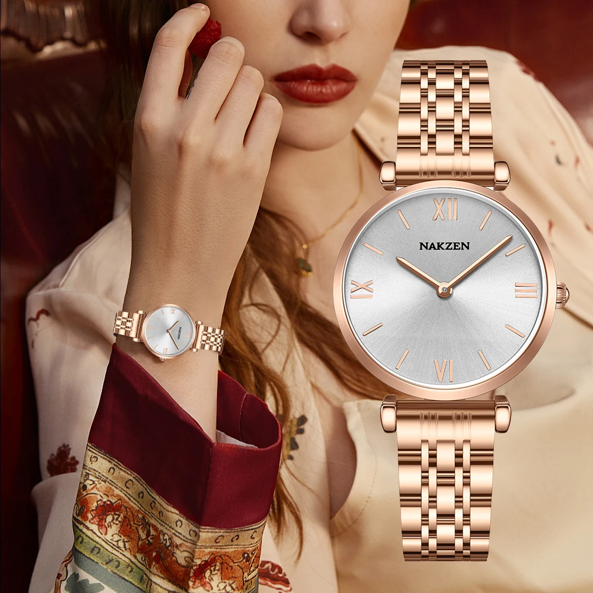 

2021 New NAKZEN Luxury Crystal Watch Women Waterproof Rose Gold Steel Strap Ladies Wrist Watches Top Brand Bracelet Clock Relogi