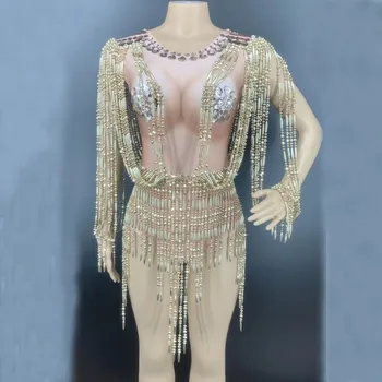 

2020 Golden Beaded Pendant Sequin Spandex Bodysuit Women Dancer Bar Singer Show Outfit Prom Pole Dance Celebrate Outfit