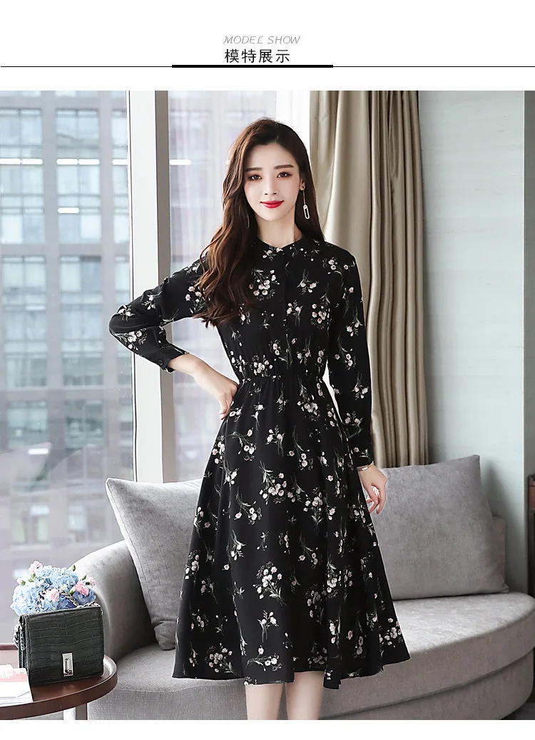 Free Postage Send Photo Shoot plus Velvet Floral-Print Chiffon Dress Thick Warm Base Skirt Women's T9152