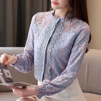 

Lace shirt blouses woman 2019 winter warm velour thick stand long-sleeved blouse women tops fashion elegant blouse shirt blusas