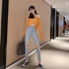 Осенние тонкие и полые укороченные джинсы с высокой талией в стиле ретро