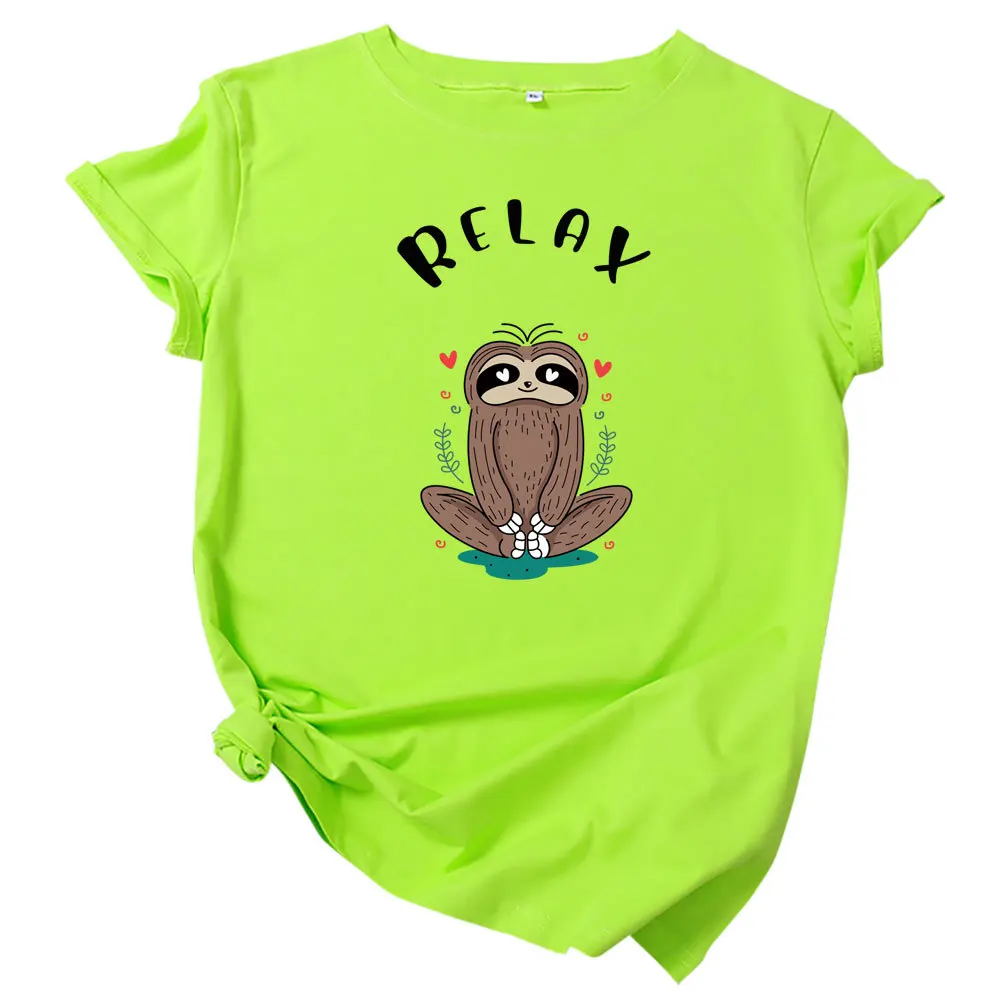 MK 100% Cotton RELAX Sloth Printed Short-Sleeved T-Shirt for Ladies Summer Tshirts Oversized S-XXL O-Neck Tops Tees | Женская одежда