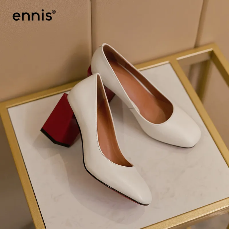 

ENNIS Brand Red Chunky High Heels Shoes Women Pumps Genuine Leather Heels Round Toe Black Pumps Shoes Mixed Color Designer P0076