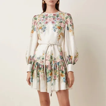 

Pleated Print Dress For Female O Neck Lantern Long Sleeve High Waist Lace Up Causal Dresses Women Fashion Clothing