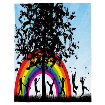 

Children Playing Rainbow Big Tree Throw Blanket Portable Flannel Blanket Hotel/Sofa/Office/Plane Travel Blankets for Beds