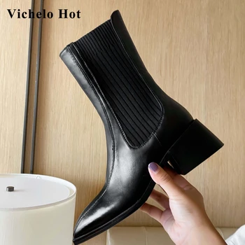 

Vichelo Hot stretch boots real cow leather mixed colors square toe thick high heel slip on office lady dress mid-calf boots L39