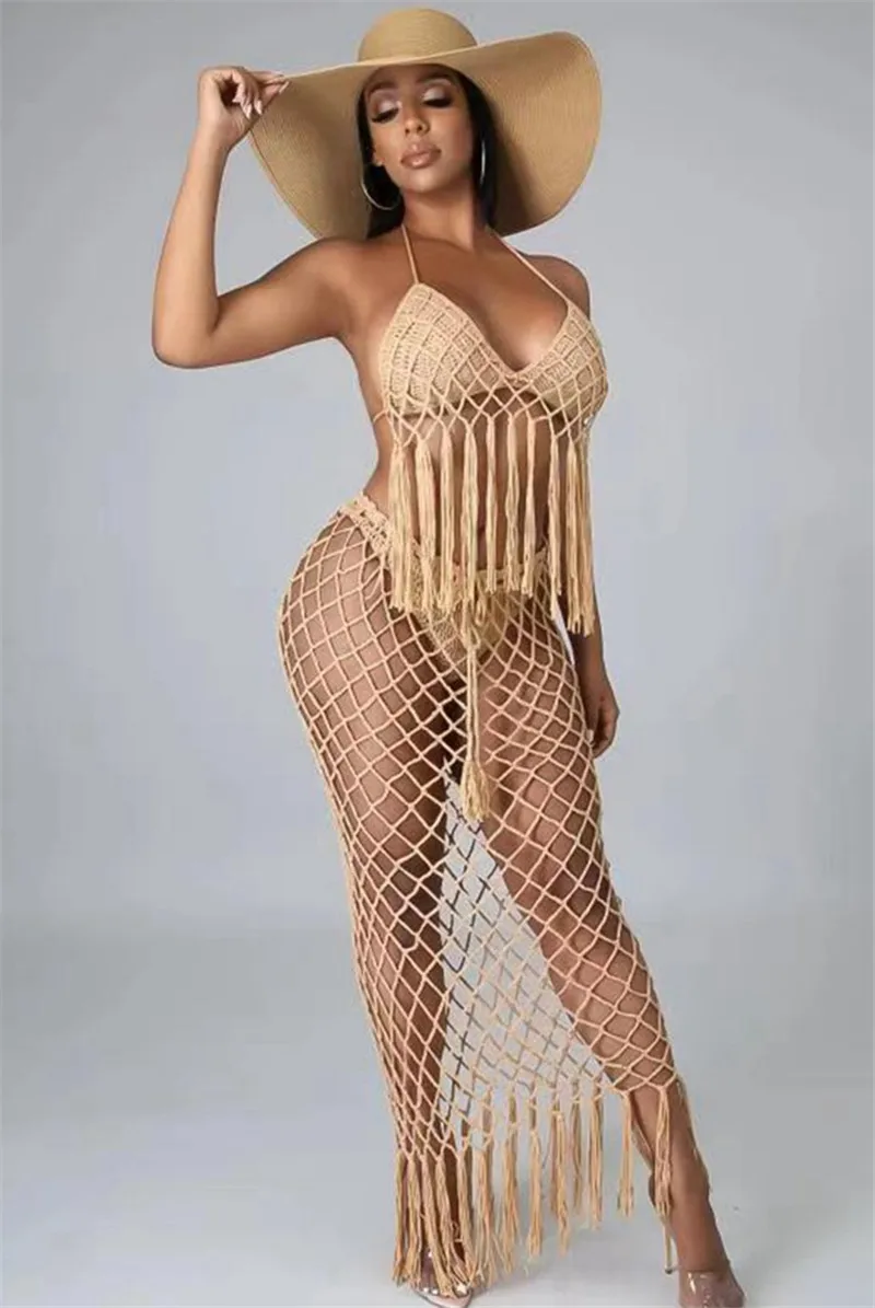 

S-3XL Sexy Crochet Bikini Cover Up Beach Dress 3 Pieces Set Tassel Crop Top Bra and High Split Skirts Women Swimsuit